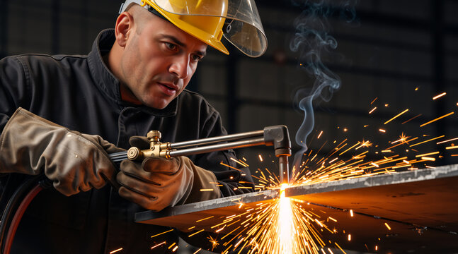Professional welder using a cutting torch on metal plate. Industrial worker in hard hat with sparks and smoke in factory. Metalworking and manufacturing concept