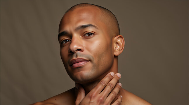 Close up portrait of a bald man touching his neck. Male skincare and grooming concept. Headshot of a confident african american man on a brown background