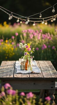 Rustic outdoor dining setup decorated with wildflowers beneath illuminated string lights creates an inviting evening atmosphere