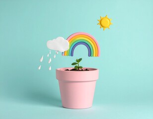 Tiny Storm Clouds and Rainbows Growing from a Flower Pot