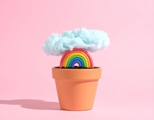 Surreal Pastel Scene of Mini Clouds and Rainbows in Flower Pot