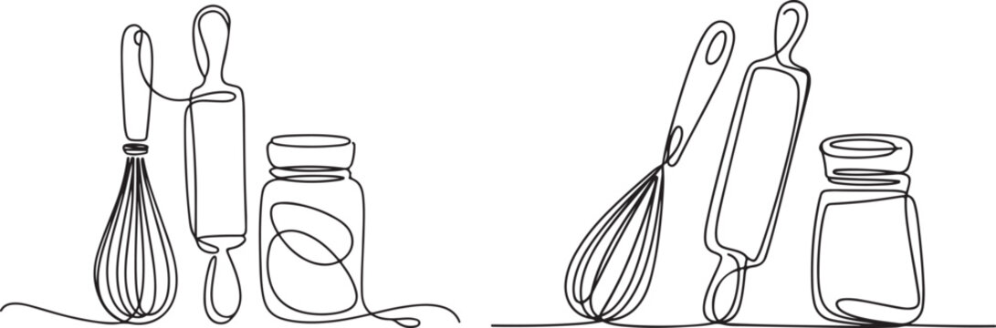 Minimalist line art baking tools whisk rolling pin jar