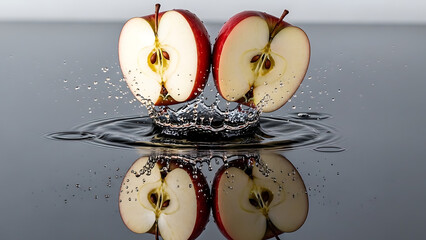 Apple halves splash into water creating vibrant crown splash