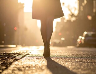 Woman walks on sunlit cobblestone street. Legs, skirt, and boots are visible; the scene is bathed in golden sunlight