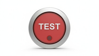 Red test button with metallic frame for control panels and devices copy space