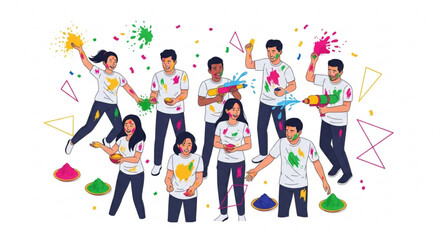 Fototapeta premium Diverse group of people celebrating Holi festival with colorful powder and water guns joyful outdoor activity illustration for festive events