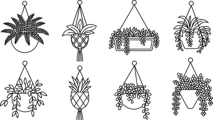 Minimal hanging plant illustration collection, macrame planters and trailing houseplants, black line art, boho botanical decor, modern interior style, isolated white background © Mahadi's World