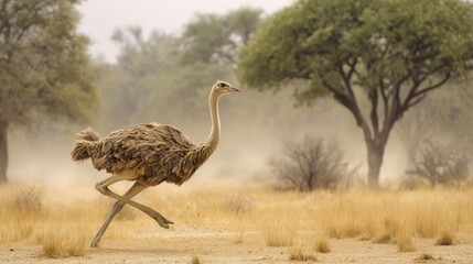  Ostrich Running Savannah With