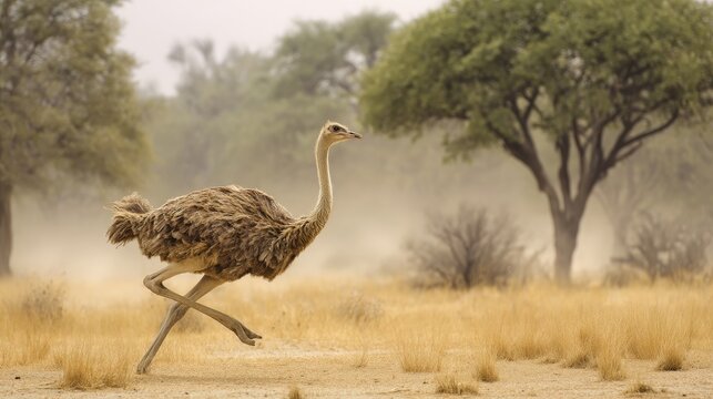 A ostrich running in a savannah with trees in the background.
