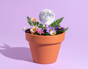 Fantasy Full Moon Emerging from Flower Pot, Growth Metaphor