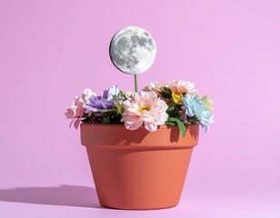Tiny Full Moon Sprouting from Flower Pot in Pastel Scene