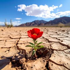 Lone red flower blooms in cracked desert landscape, mountains blurred in the distance under a blue and cloudy sky