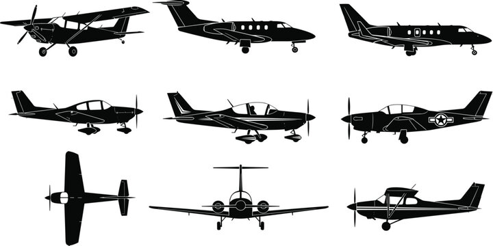Light aircraft and private airplane silhouette collection, small aviation transport set, propeller plane vector, isolated black aircraft illustration