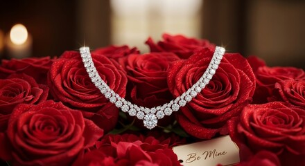 A sparkling diamond necklace rests upon a bed of deep red roses with a small romantic note nearby.