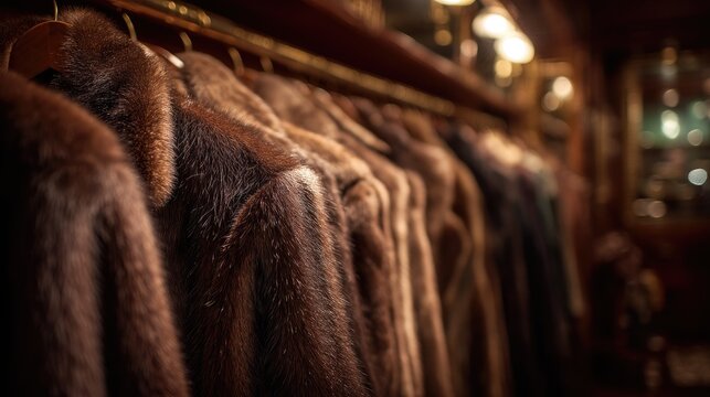 A row of fur coats hanging in a store.