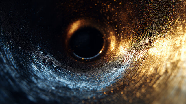 Concentric grooves with lacquer-like gloss, cybernetic tunnel evoking an AI iris / 漆塗りのような光沢を持つ同心円状の溝、AIの瞳（アイリス）を思わせるサイバネティックなトンネル
