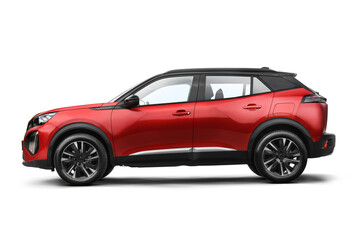 A clean studio shot of a red modern SUV in full left side profile view, isolated on a transparent background.