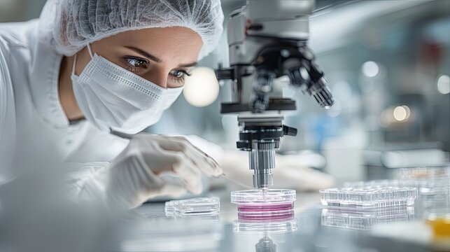 A scientist in a laboratory, using a microscope to examine samples.