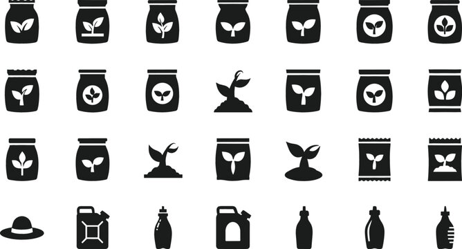 Black silhouette vector icon set featuring fertilizer bags, sprouting plants, gardening hats, and various chemical or nutrient bottles