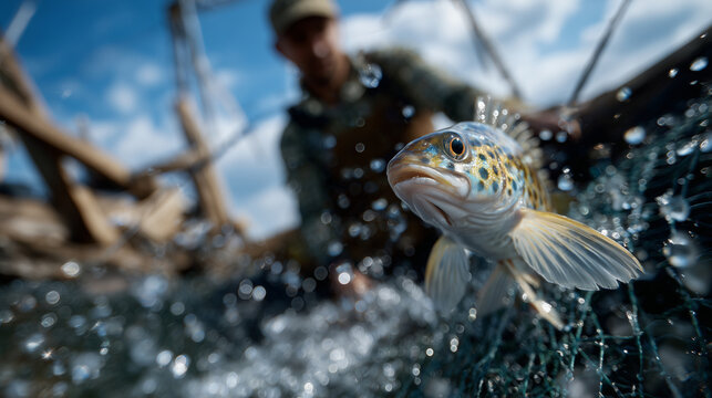 Ultra-detailed macro view of a fisherman holding a colorful ocean fish above a fishing net, droplets of water suspended mid-air, sunlight sparkle on scales, rolling sea visible beh