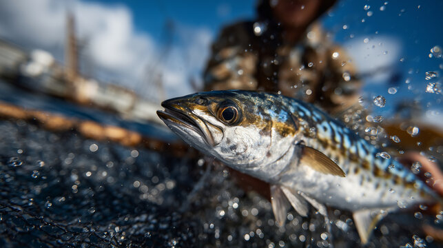 Ultra-detailed macro view of a fisherman holding a colorful ocean fish above a fishing net, droplets of water suspended mid-air, sunlight sparkle on scales, rolling sea visible beh