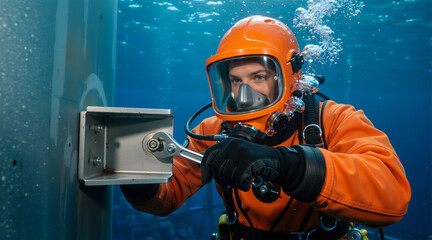 Obraz premium Commercial diver performing underwater maintenance with wrench. Professional in orange diving suit and helmet working on submerged structure. Marine engineering concept
