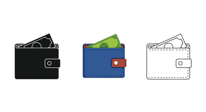 Collection of money wallet icons showing cash in black glyph color flat and outline styles