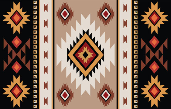 Ethnic tribal Aztec colorful brown black background. Seamless tribal pattern, folk embroidery, tradition geometric Aztec ornament. Traditional design for fabric, textile, print, rug, paper, carpet