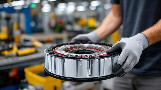 Macro shot of brushless electric motor components, rotor with embedded magnets, stator coils clearly visible, gloved hands inspecting assembly, workshop tools softly blurred in bac