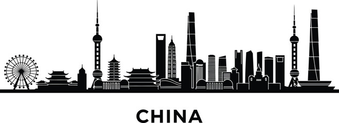 Detailed black vector silhouette of the China skyline featuring iconic skyscrapers, traditional pagodas, and the Oriental Pearl Tower © Bappi