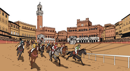 Fototapeta premium horse race Palio di Siena illustration
