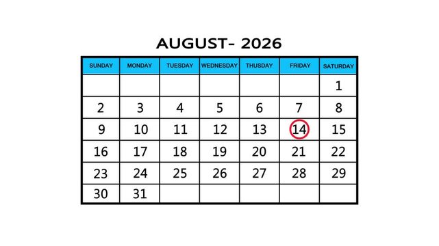  The calendar of august month 24th day is red circled, looped animation. A very important date in the calendar. Signing a day on a calendar. white background