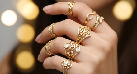 A hand adorned with multiple gold rings featuring intricate designs and sparkling gemstones.