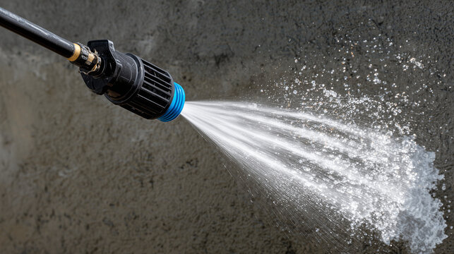 Close-up of power washer nozzle blasting water onto a grimy exterior wall, water stream forming arcs and droplets, clean streaks appearing immediately, textured siding and sunlit s