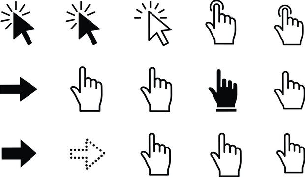 Set of Black and White Vector Icons Featuring Computer Mouse Cursors Arrow Pointers and Hand Touch Gestures for Digital Interface and Web Design