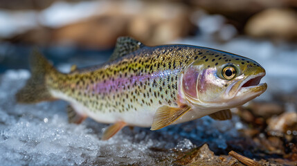 Close-up of trout on ice, rainbow-colored scales sparkling, river setting in background blurred, fresh and ready for cooking