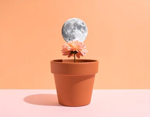 Surreal Still Life of a Moon Sprouting from a Plant Pot