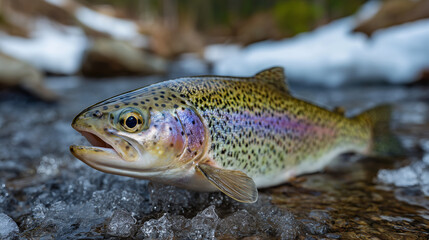 Fototapeta premium Close-up of trout on ice, rainbow-colored scales sparkling, river setting in background blurred, fresh and ready for cooking