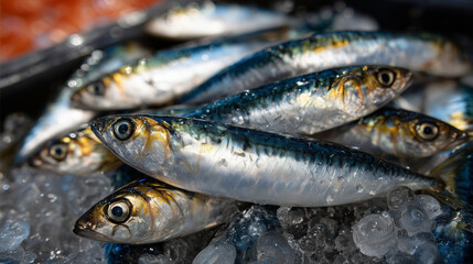 Obraz premium Close-up of sardines piled on ice, metallic scales catching sunlight, droplets glistening, seafood market freshness