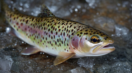 Obraz premium Macro shot of rainbow trout on ice, shimmering multicolor scales, fine textures, ice crystals and water droplets reflecting sunlight