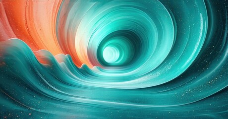 Fototapeta premium Abstract fluid swirls, vibrant colors blend. Turquoise, orange hues create dynamic tunnel effect. Golden specks add subtle sparkle.