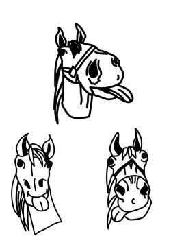 Funny goofy horse heads set, hand drawn cartoon sketches