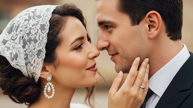 Bride whispering to groom during wedding ceremony