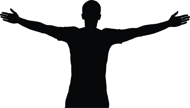 Businessman stands with arms outstretched to represent a sense of openness, freedom, or professional ambition in a clean, high-contrast silhouette.