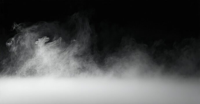 White fog covers ground, contrasting against dark background. Minimalist scene evokes mystery, stillness. Dramatic lighting creates mood.