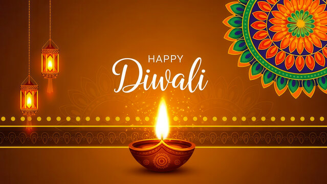 A diwali greeting with a clay lamp and lanterns
