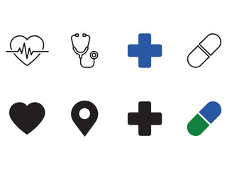 Obraz premium Medical and Healthcare Icon Set with Heart Location Cross and Pill Symbols