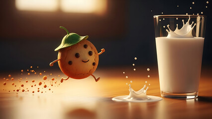 Cute cartoon cookie character running with milk splashing