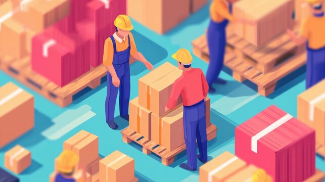 Workers are moving boxes in a busy warehouse during the day