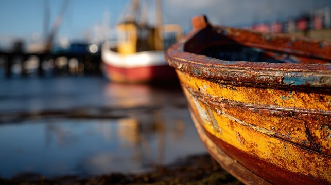 Close up view of a barnacle encrusted boat hull